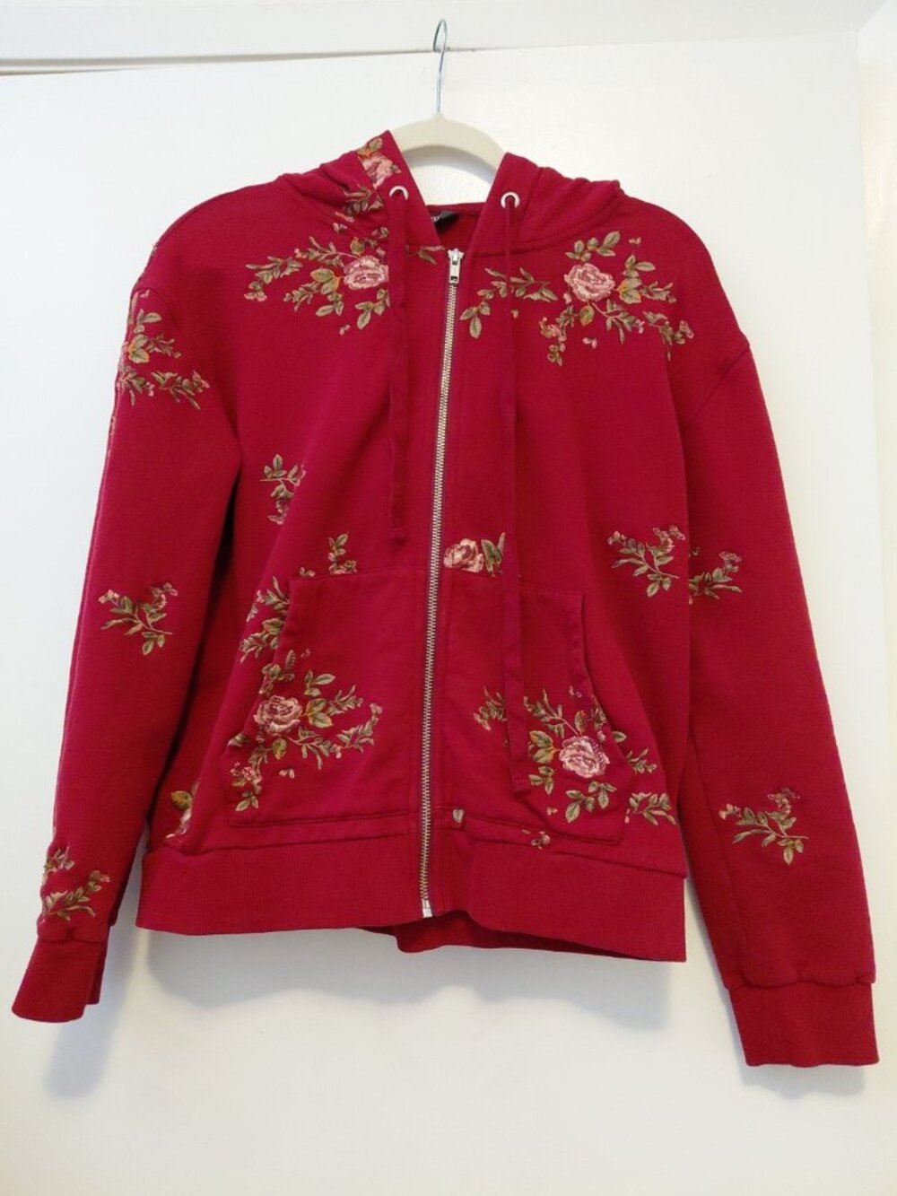 Driftwood Hoodie Womens Red Emma Floral Embroidered Sweatshirt Boho Full Zip Med